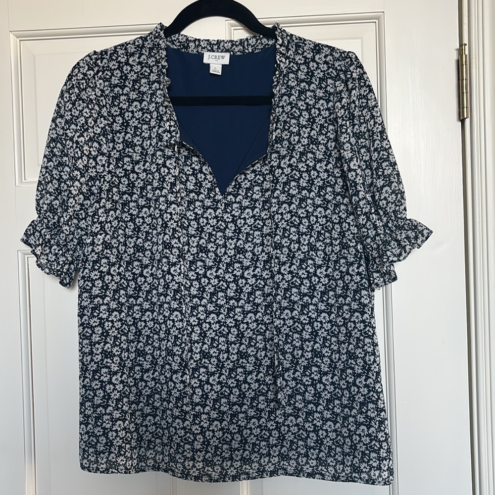 JCrew Factory navy floral tie neck blouse. Size L